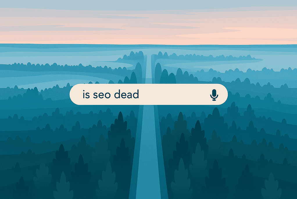 A picture of a beautiful landscape with a search field on top and the text: is seo dead