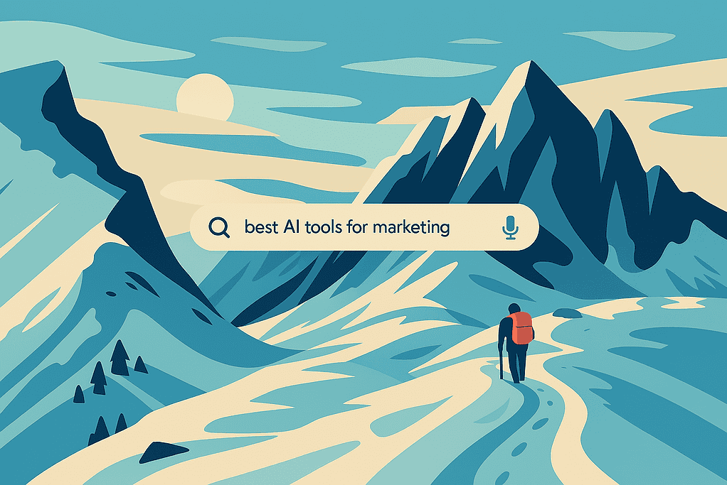 A picture of a wonderful mountain landscape with a search field on top and the text: best ai tools for marketing