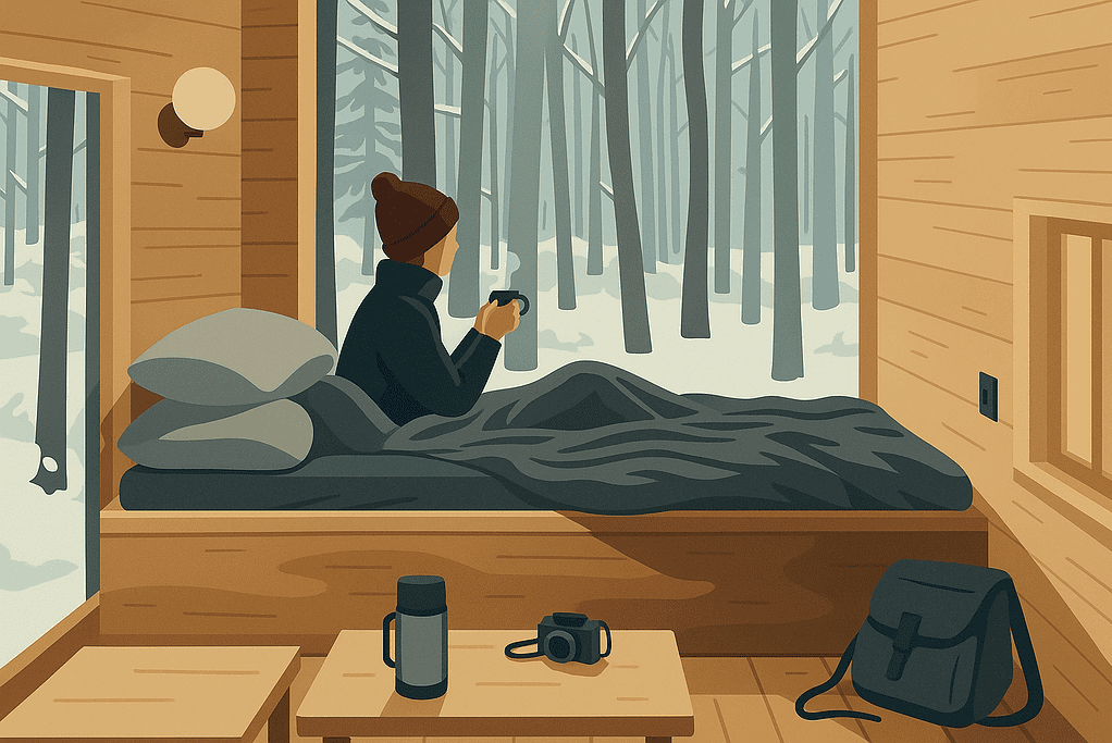 Flat design illustration of a person sitting in a wooden cabin bed, holding a mug and looking out at a snowy forest through a large windo