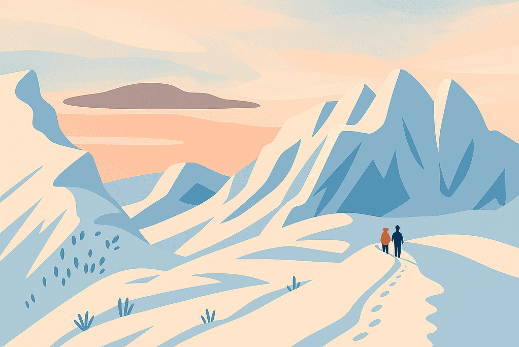 Flat design illustration of two people hiking on a snow-covered trail with pastel-colored mountains and a soft sky in the background.